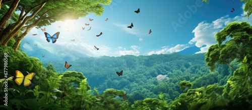 sprawling forest the vibrant green leaves of the tropical trees created a mesmerizing texture against the serene blue background of the sky where colorful butterflies danced in harmony with photo