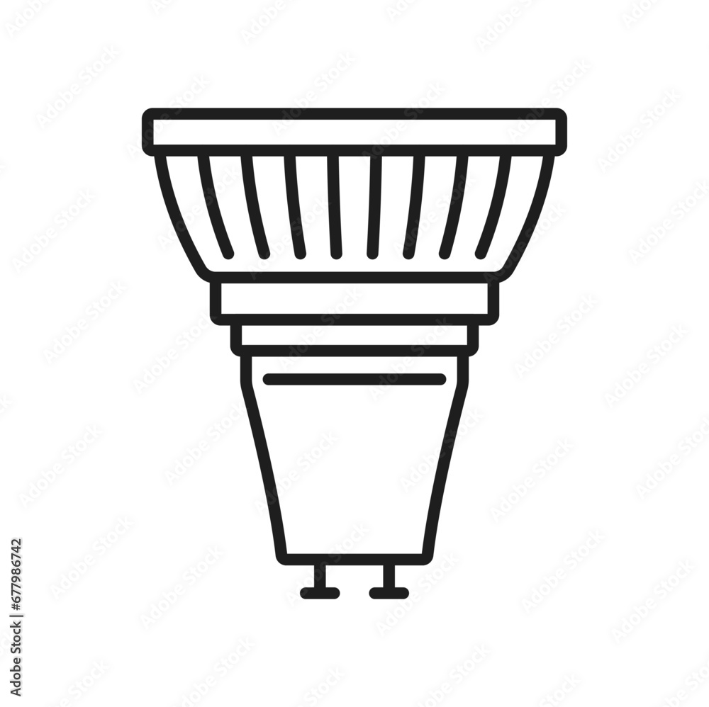 Light bulb and LED lamp thin line icon or sign. Modern lightbulb, electricity saving illumination technology or eco LED or halogen lamp with GU10 socket outline vector icon or symbol