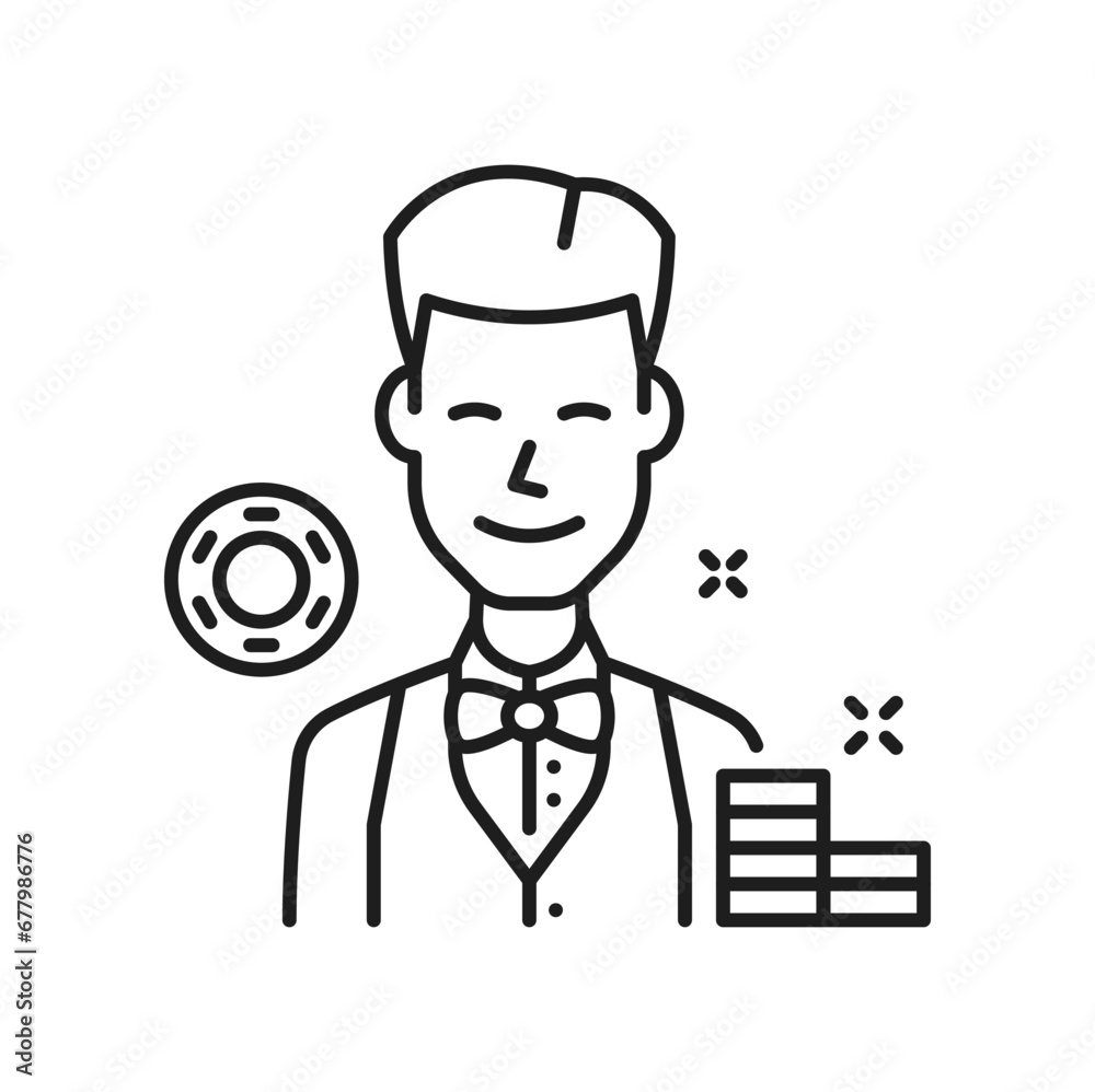 Smiling casino dealer male worker in elegant clothes vest and bowtie. Casino employee shuffles, vector croupier worker, stack of chips