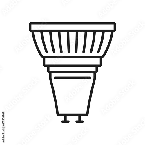 Light bulb and LED lamp thin line icon or sign. Modern lightbulb, electricity saving illumination technology or eco LED or halogen lamp with GU10 socket outline vector icon or symbol
