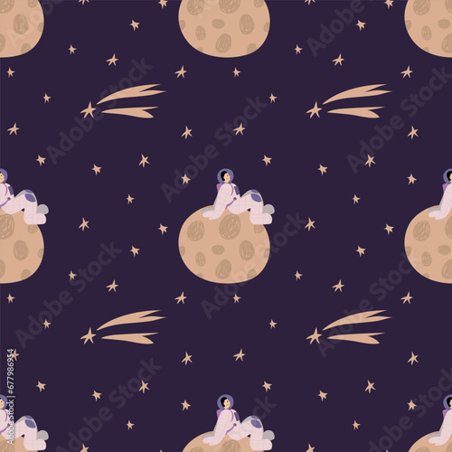 Space seamless pattern. Hand drawn stars, astronaut man and moon