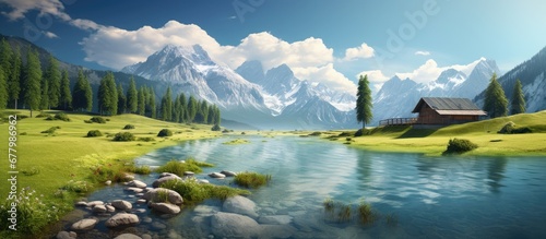 In the picturesque landscape of Europe with majestic mountains and lush green trees the beauty of nature unfolds as the white clouds dance in the sky reflecting in the crystal clear waters c photo