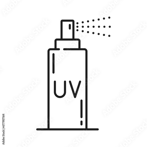 UV spray, sunscreen cosmetics sprayer bottle. SPF blocks the suns rays. Vector sunburn cosmetic and cream product for summer suntan protection