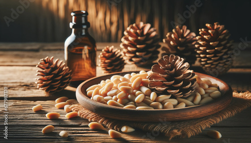 Peeled pine nuts with several pine cones on a wooden table complemented by bottle of pine nuts oil. Healthy food and healthy cosmetic concept.  Ai generative photo
