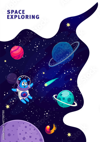 Space landing page, poster or flyer with cartoon starry universe, galaxy planets and stars, vector website background. Alien in outer space for galaxy spaceflight to planets in sky on landing page