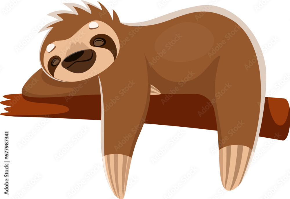 Fototapeta premium Cartoon sloth character peacefully slumbers on tree branch, its tranquil expression and relaxed posture capturing the essence of its slow and easygoing nature. Isolated vector cute tropical animal nap