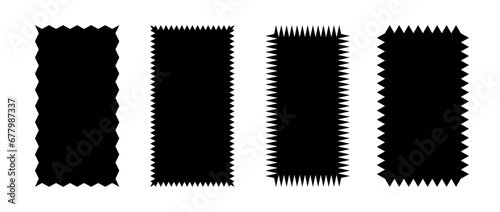 Zig zag edge rectangular shapes collection. Jagged rectangle patches set. Black graphic design elements for decoration, banner, poster, template, sticker, badge, collage. Vector illustration photo