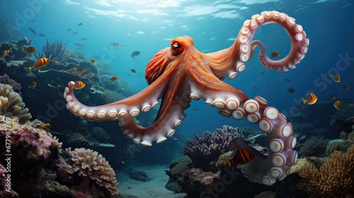Octopus gliding through the blue ocean waters. Generative AI © kardaska