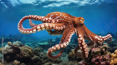 Octopus gliding through the blue ocean waters. Generative AI