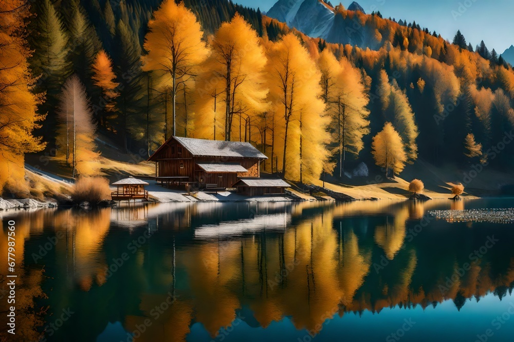 Peaceful autumn scene of lake with Dachstein glacieron background