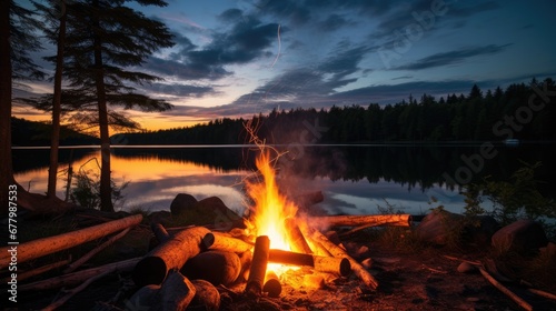 Camp fire with beautiful Canadian nature landscape. Generative AI