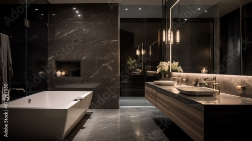 Modern relaxation bathroom with black and white marble tiles. Generative AI