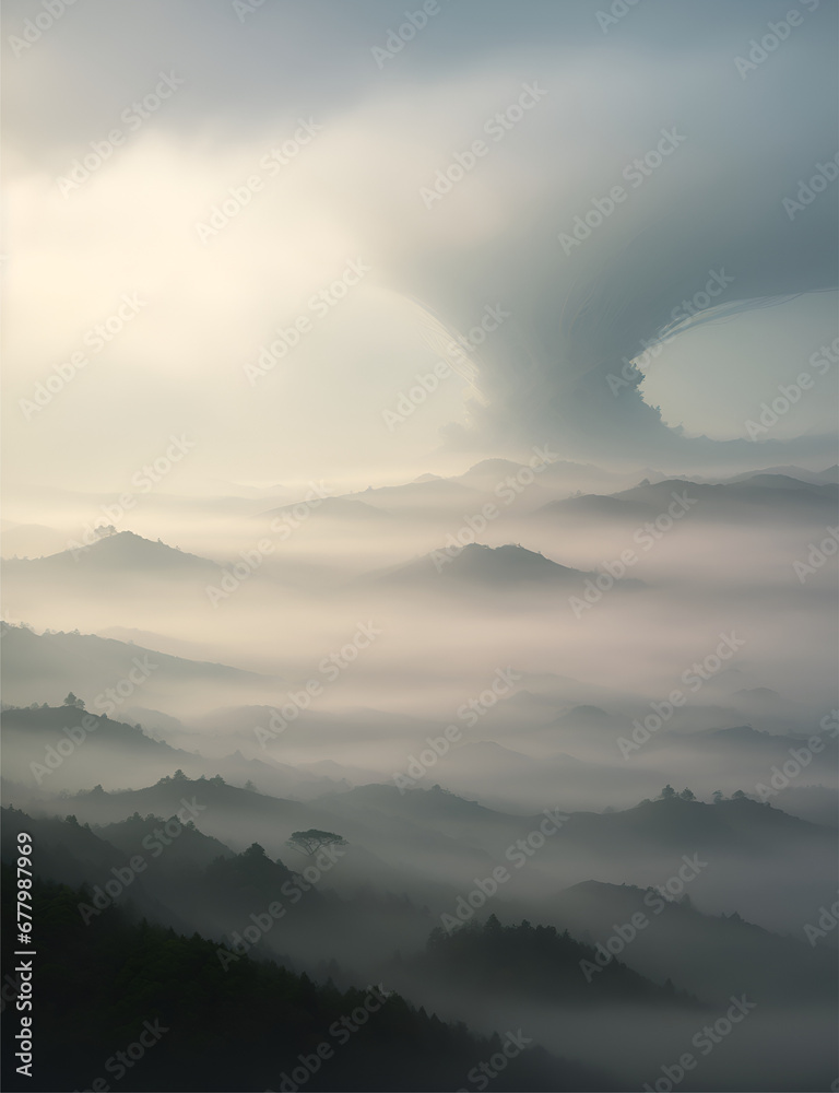 This stunning image captures the beauty and mystery of a mountain range shrouded in fog. The image is perfect for use in fantasy or science fiction projects. This stunning image captures the beauty and mystery of a mountain range shrouded in fog. The image is perfect for use in fantasy or science fiction projects.
