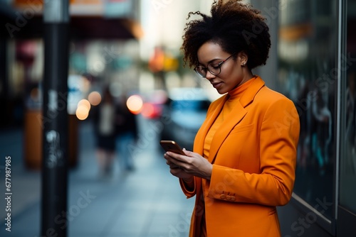 Smiling Business woman reading a text on her smartphone standing on city street wearing orange business suit