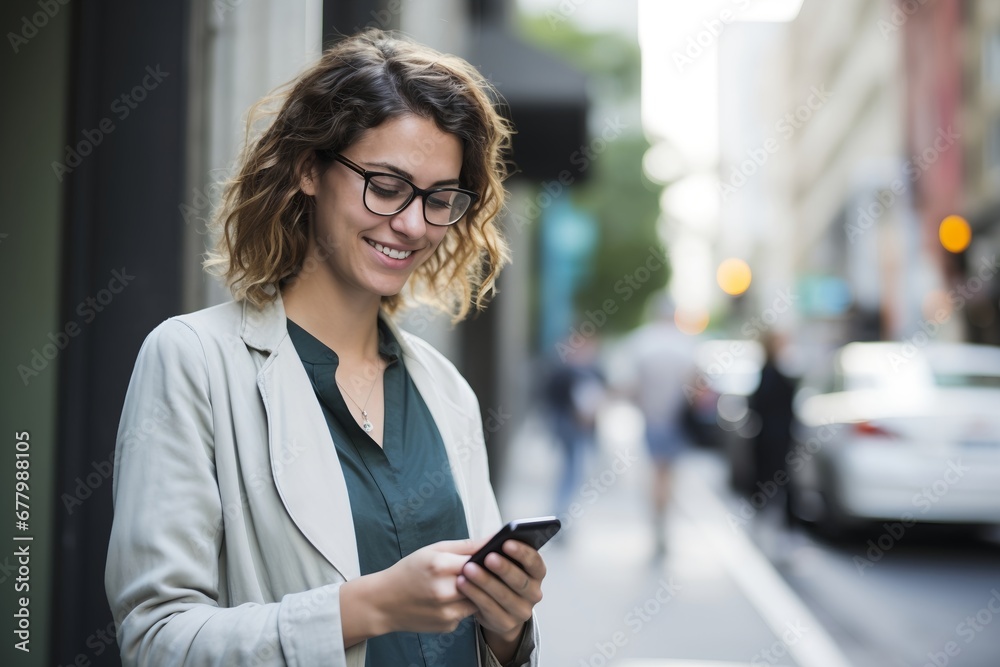 Happy and Smiling woman wearing glasses looking at her phone while on city street Happy and Smiling woman wearing glasses looking at her phone while on city street