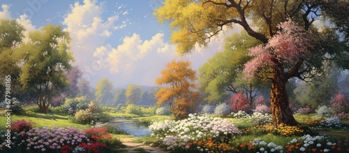 picturesque summer landscape a vibrant garden blossoms with an array of colorful flowers while a majestic trees leafy branches reach towards the clear blue sky The sun shines brightly castin photo