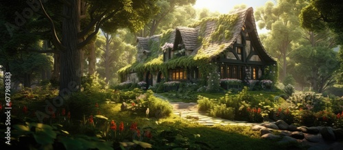 midst of a lush green nature background a charming wooden house stood tall with its white walls adorned with floral motifs radiating warmth as light poured through its windows blending seaml