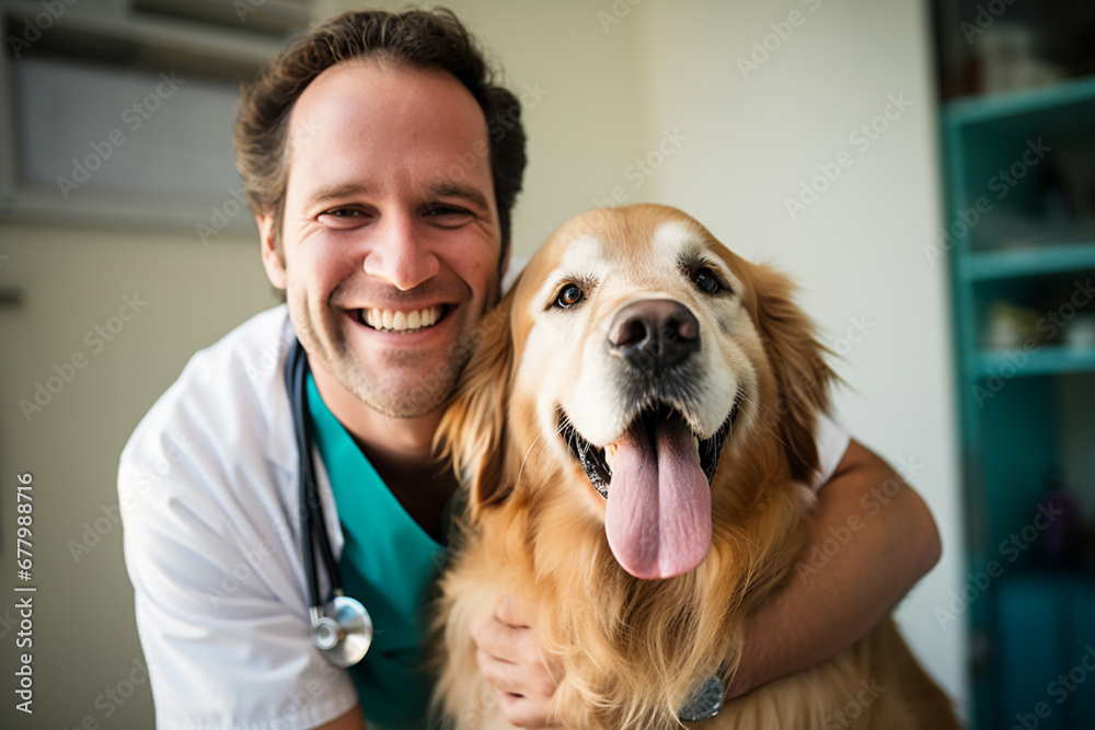 a male pet vet hugging a dog bokeh style background