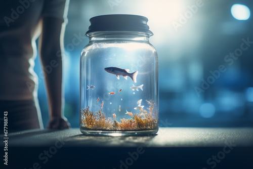 a jar of goldfish in front of a man bokeh style background