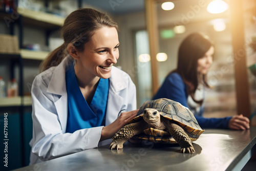 a female pet vet with turtle in vet clinic bokeh style background