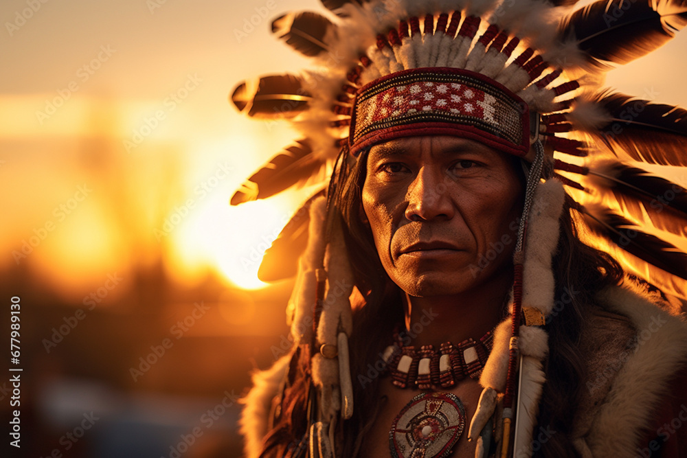 native american man wearing native dress in front of sunset bokeh style background