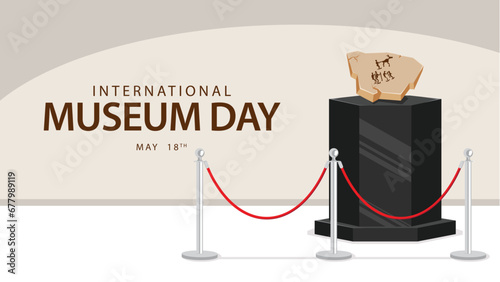 International Museums Day. Vector illustration of an ancient stone painting. Celebrated annually on 18 May. Suitable for banners, templates, greeting cards, web etc
