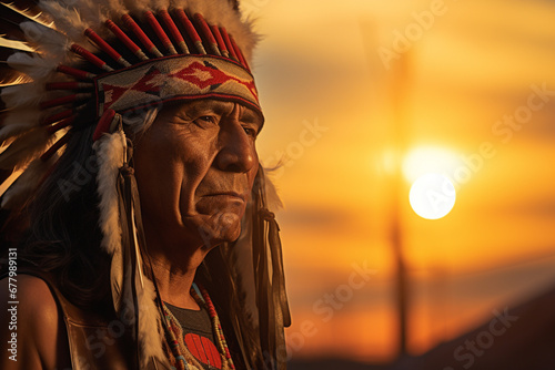 Fotografia native american old man wearing native dress in front of sunset bokeh style back