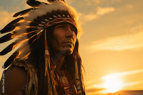 native american man wearing native dress in front of sunset bokeh style background photo