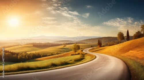 scenic outdoor sunlight view countryside illustration winding travel, background hill, sky summer scenic outdoor sunlight view countryside