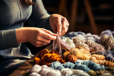 close up of hands making balls of yarn bokeh style background