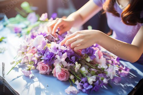 close up woman hand arranging flowers on table bokeh style background