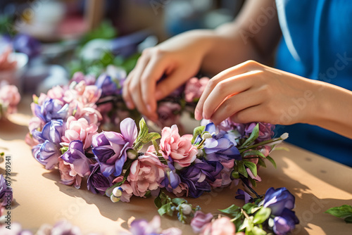 close up woman hand arranging flowers on table bokeh style background