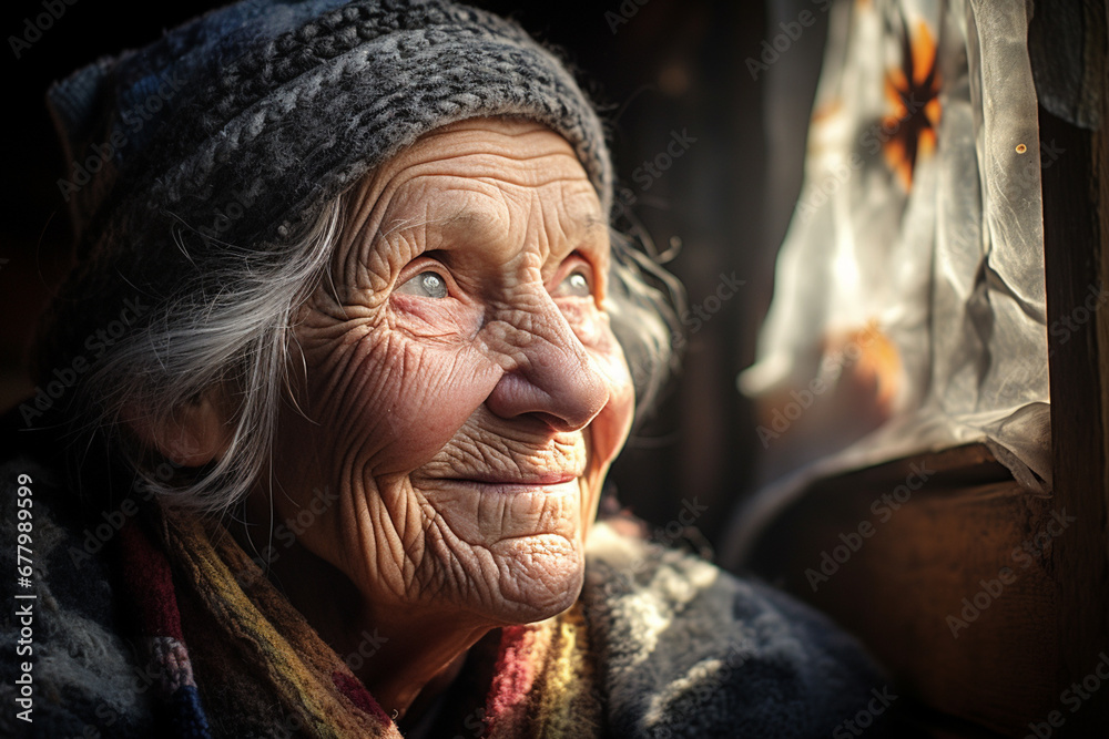 an old woman smiling in living room bokeh style background