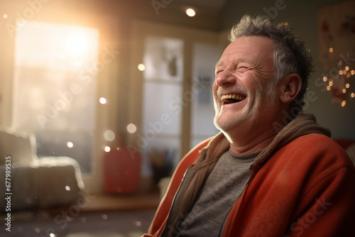 a middle aged man smiling in living room bokeh style background
