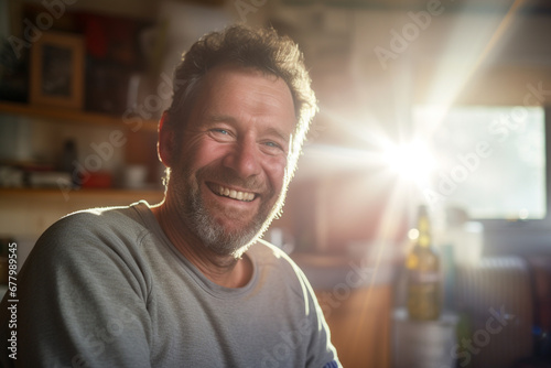 a middle aged man smiling in living room bokeh style background photo