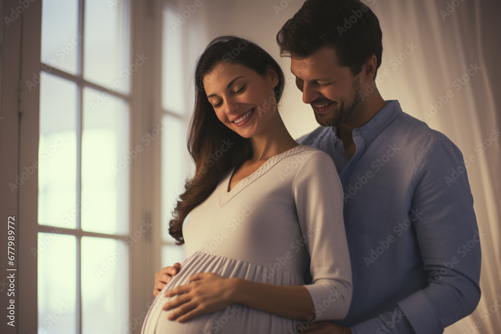 pregnant woman and her husband smiling in living room bokeh style background pregnant woman and her husband smiling in living room bokeh style background