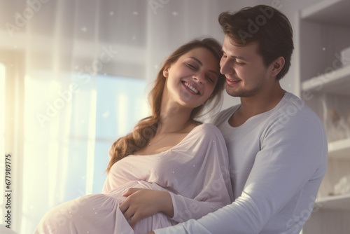 pregnant woman and her husband smiling in living room bokeh style background
