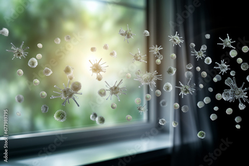 coronavirus spread in the air at home bokeh style background photo