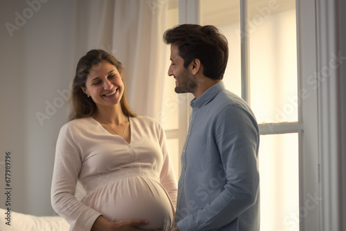 pregnant woman and her husband smiling in living room bokeh style background