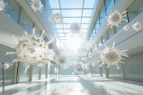 coronavirus spread in the air at white room bokeh style background photo