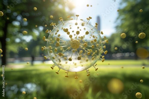 coronavirus spread in the air at public park bokeh style background