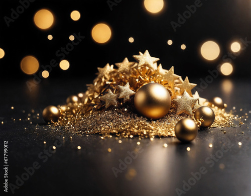 Festive background for cards, gold stars and confetti on a dark blue background, shiny foil and sparkles, bokeh. Generated AI