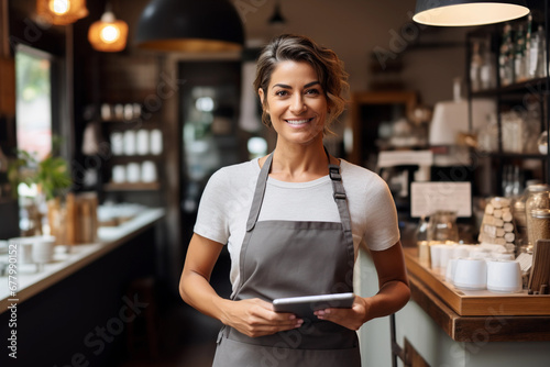 Portrait of caucasion woman entrepreneur using tablet and wearing apron in her store shop photo