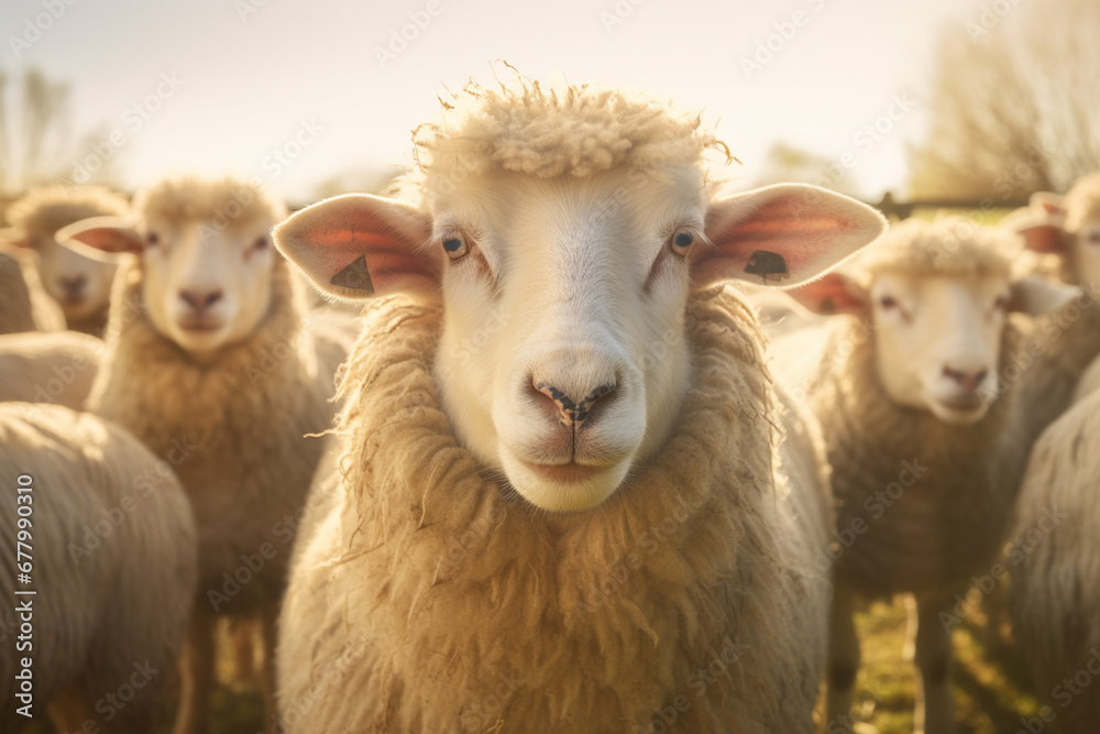 Flock of sheeps standing on the farm bokeh style background Flock of sheeps standing on the farm bokeh style background