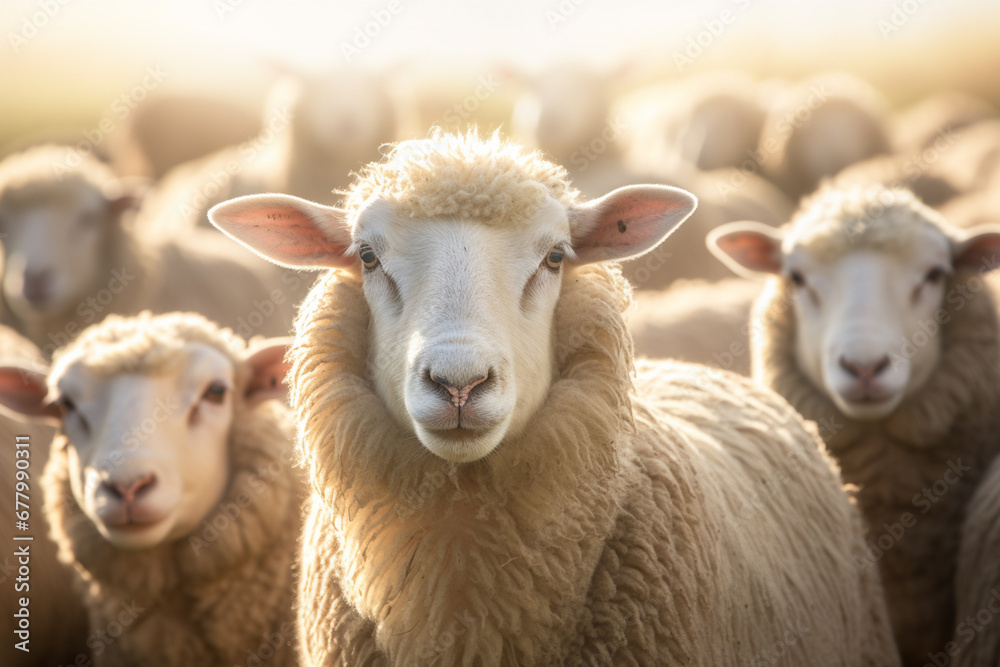 Flock of sheeps standing on the farm bokeh style background Flock of sheeps standing on the farm bokeh style background