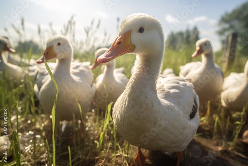 Flock of ducks standing on the farm bokeh style background