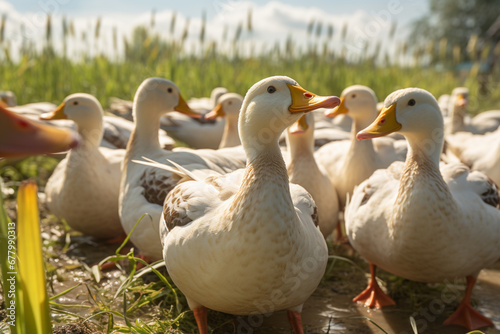 Flock of ducks standing on the farm bokeh style background