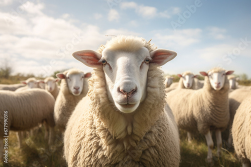 Flock of sheeps standing on the farm bokeh style background