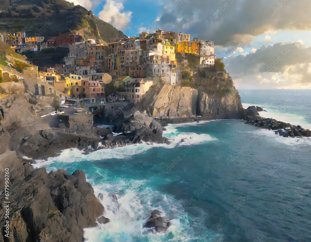 A rocky coastal scene during a windy day in Cinque Terre, Italy, with crashing waves, colorful cliffside villages, and the scent of the Mediterranean carried by the breeze.