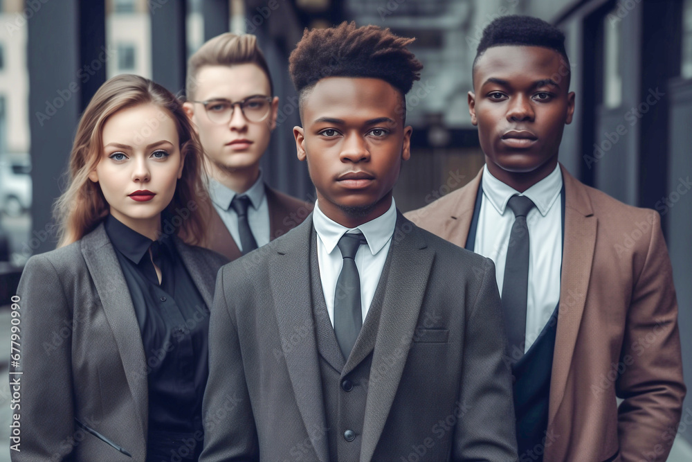 Portrait of young woman of three men of different nationalities in business suits against backdrop of an office building, front view. Portrait of young woman of three men of different nationalities in business suits against backdrop of an office building, front view.